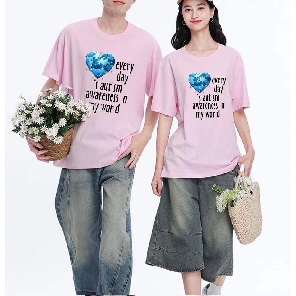 Autism Awareness Puzzle Heart Printed T Shirt Breathable Fabric S-XXL Personalized Custom Casual Short Sleeve Tee Unisex Fit Aes