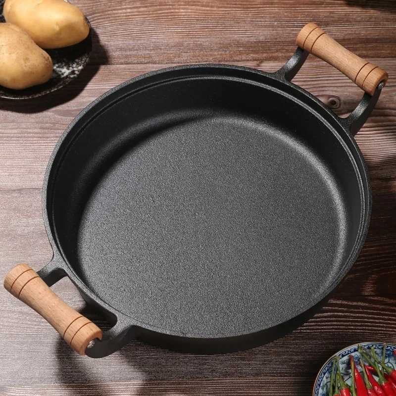 Household  Uncoated pancake pan Doubleear thickened cast iron pan Flat pan for Iron Pot Induction Cooker Dedicated Gas Stove