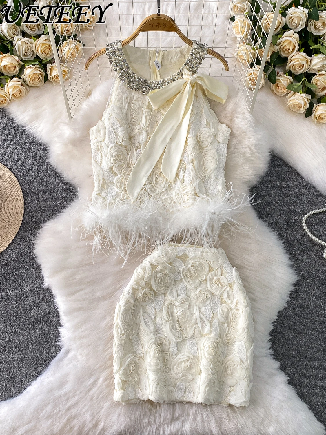 

Высококачественный жилет без рукавов с круглым вырезом и бриллиантами для знаменитостей, короткие топы и юбка с цветочным принтом, комплект из двух предметов