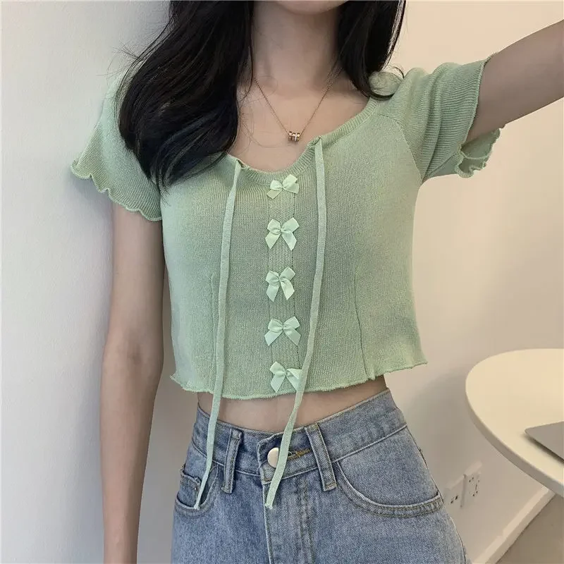 6 Colors T-shirts Women Clothing Simple Crop Tops Streetwear Summer Knitted Vintage Aesthetic Hotsweet Party Korean Style Y2k