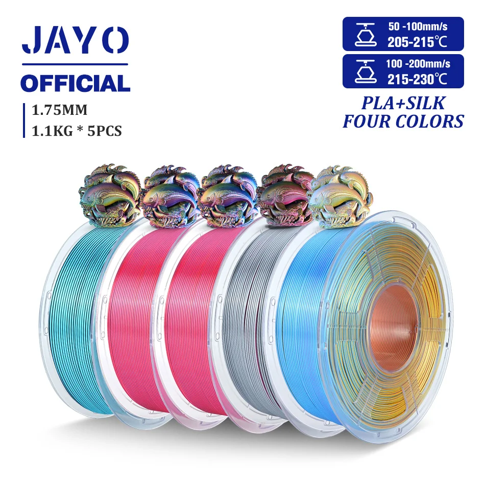 JAYO Zijde PLA + 3D Printer Filament 1.75mm Viervoudige Kleur 5 Rolls Zijde PLA 3D Printer Filament Glanzende Sillk Effect Filament