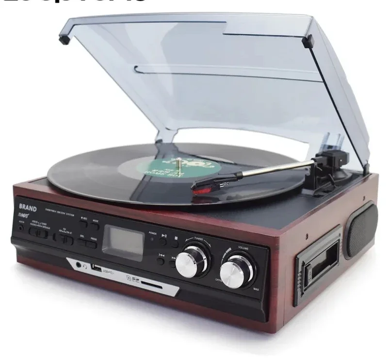 LoopTone Bluetooth Stereo Phono Turntable Vinyl LP Record Player With AMFM Radio USB/SD Aux Cassette MP3 Recorder Headphone Jack