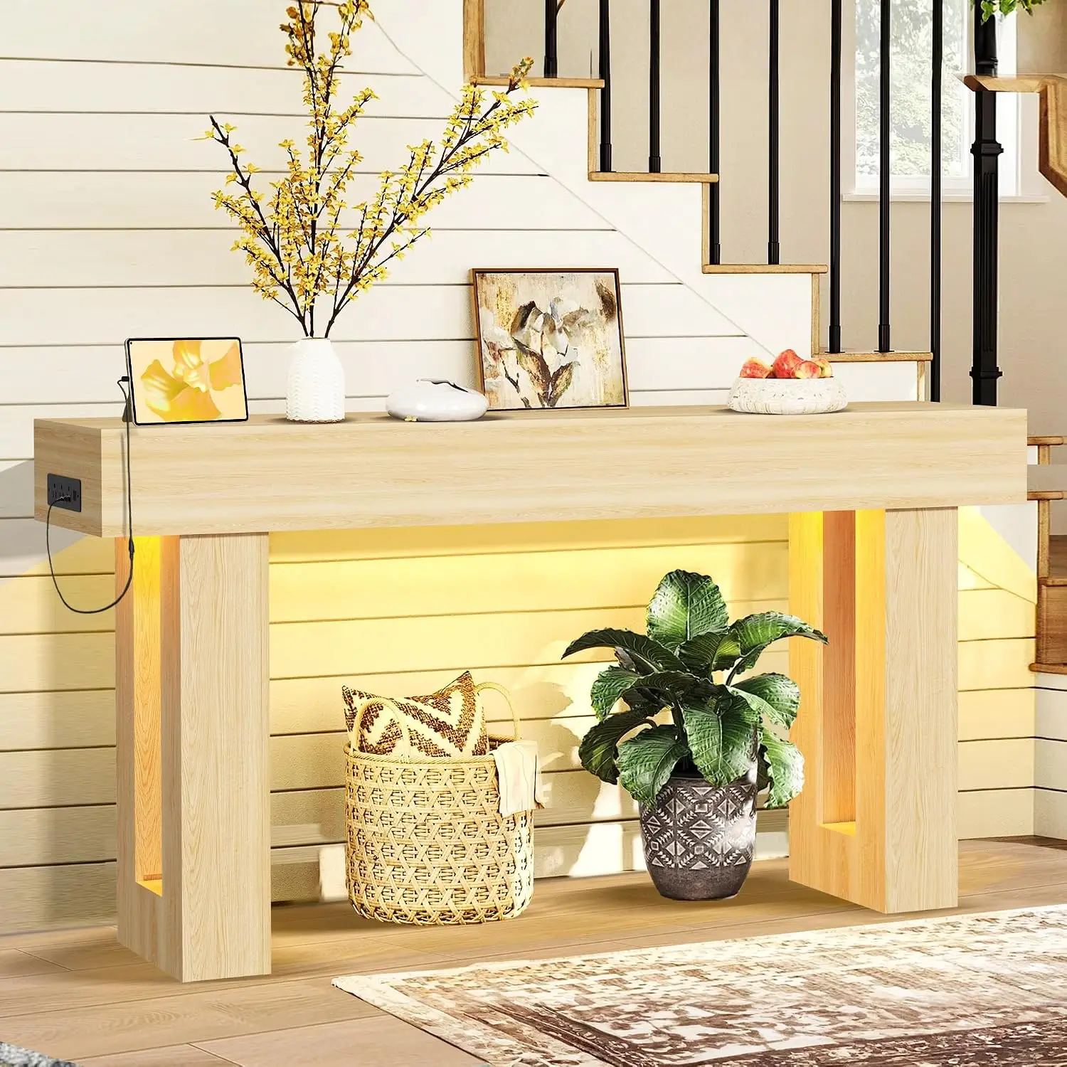 63 Inch Wood Console Table with LED Light & USB Outlet, Narrow Sofa Behind Table for Entryway Hallway Living Room, Customized