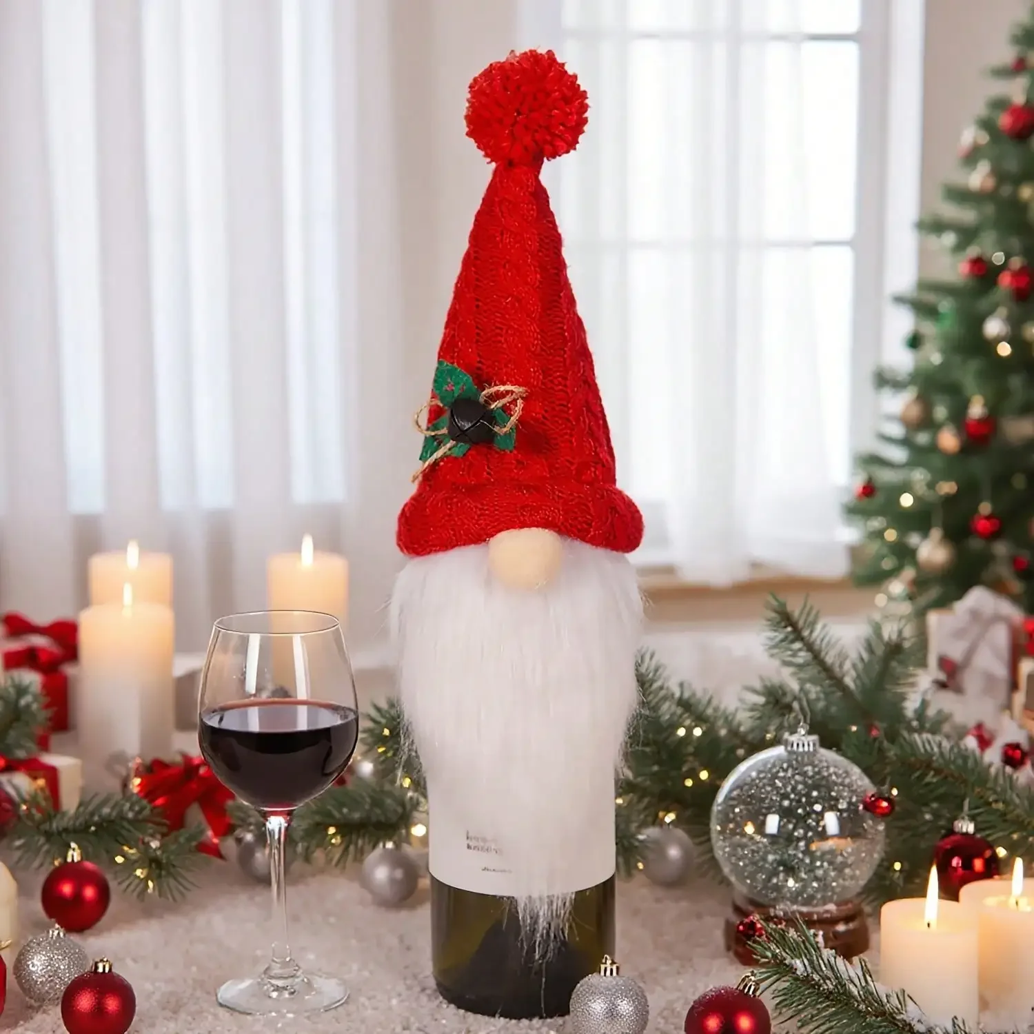 Christmas Knitted Hat Faceless Old For Man Decorative Wine Bottle Cover, New Forest Folk Red Wine Bag, Stain-Resistant And Dust-Proof Wine Bottle Protective Decorative Sleeve, Kitchen Dining Table Holiday Atmosphere Decoration Supplies And Props
