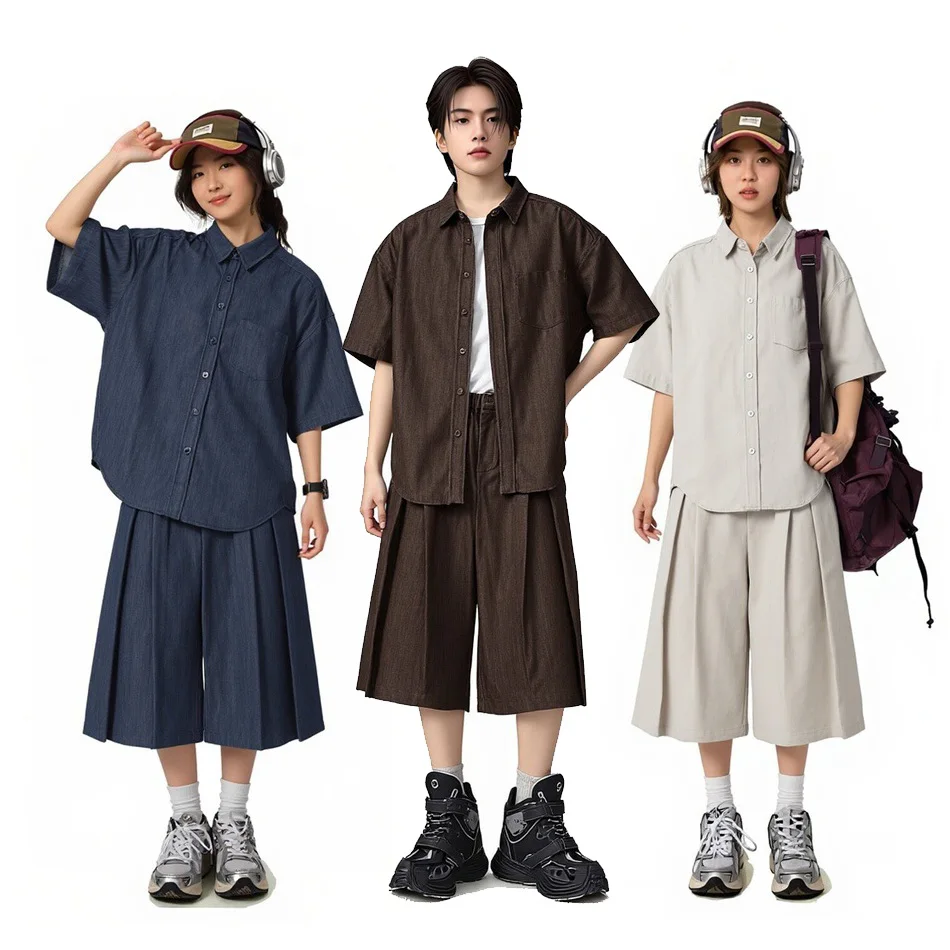 

Japanese Retro Imitation Denim Shirt Shorts Sets Men Women Summer Streetwear Loose Casual Short Sleeve Shirts Shorts Tracksuits