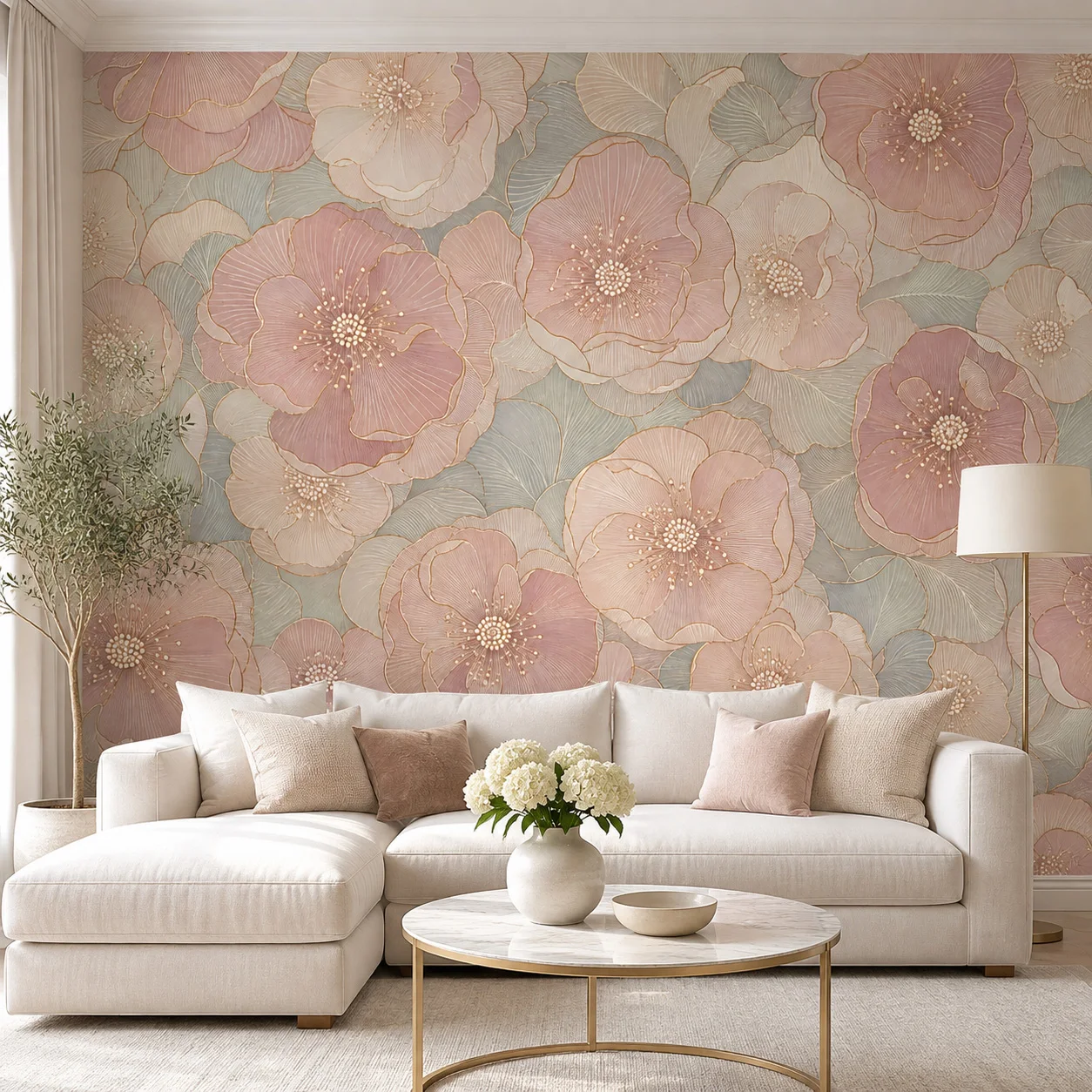 Pastel Pink Floral Wallpaper Mural Peony Flowers Gold Line Wall Art for Living Room Bedroom Non Self Adhesive Glue Required