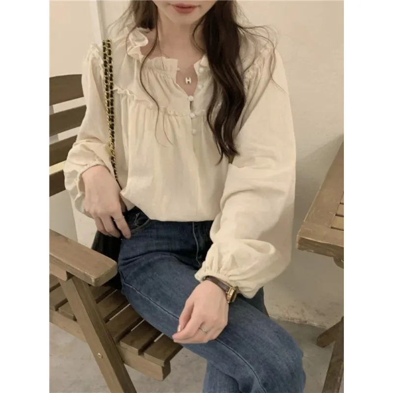 

Длинная женская рубашка в стиле ретро с деревянной каймой, новинка 2025 года, свободный многофункциональный топ, подходящий для различных случаев, винтажный