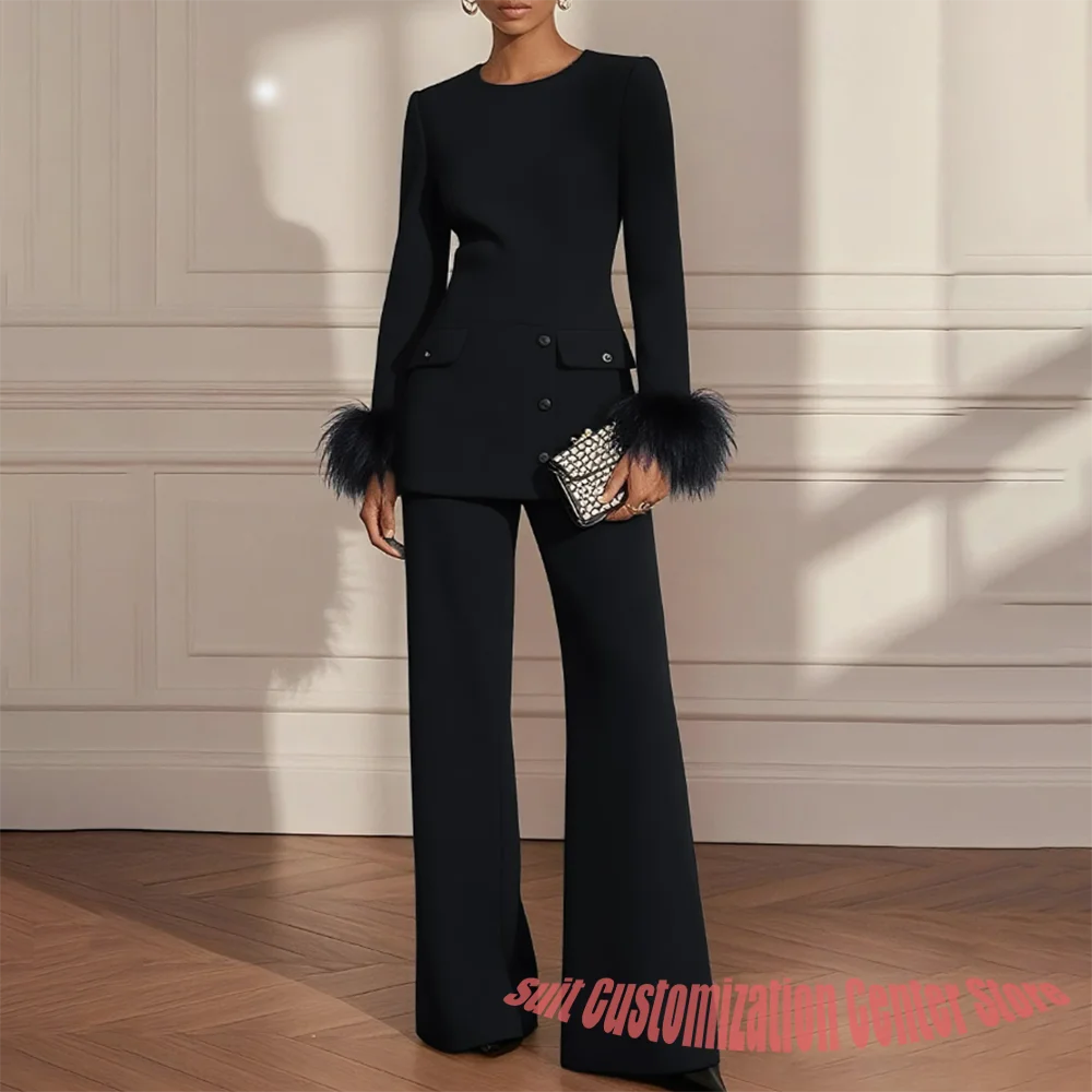 

Black Woman Clothes Long-Sleeve Blazer with Feather Cuff Details and Matching Trousers Luxe Evening or Cocktail Suit Ensemble