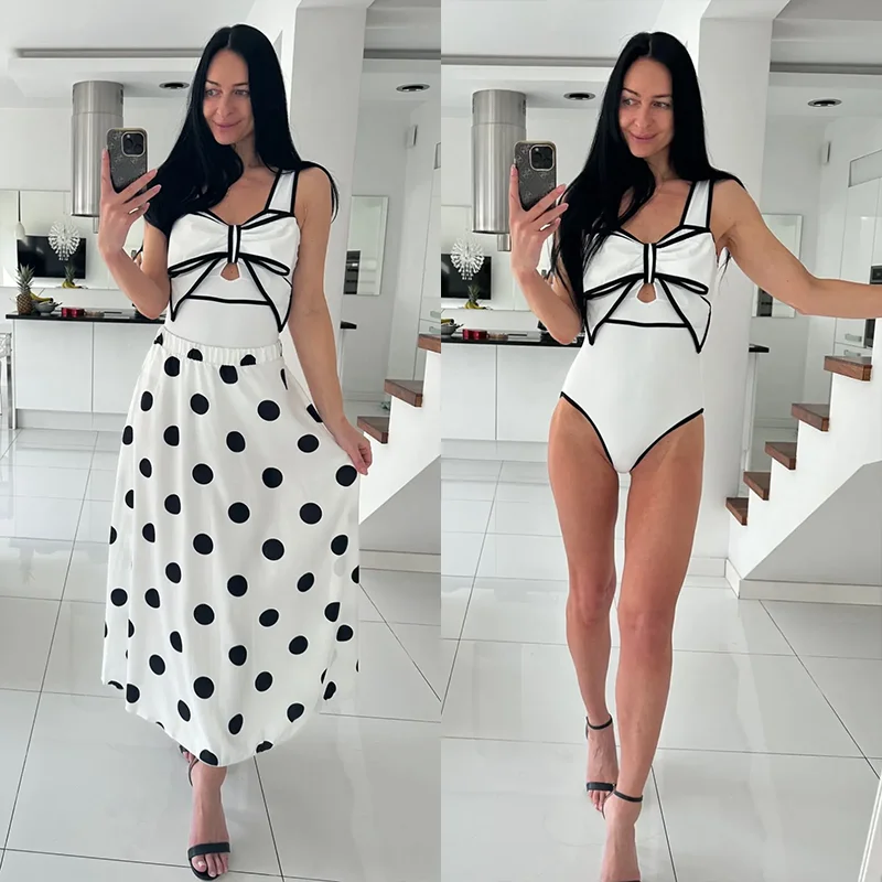 2PCS/Set Black White Retro Swimsuit Women Bow Tie Swimwear with Skirt Sexy Bathing Suit Monokini Beach Bodysuit Beach Wear