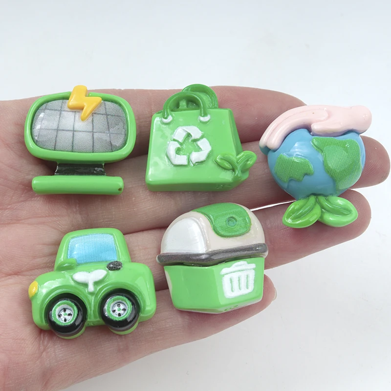 10/100PC Resin Accessories Green Environmental Protection Series Dustbin Craft Patch DIY Children Scrapbook Fridge Doll House