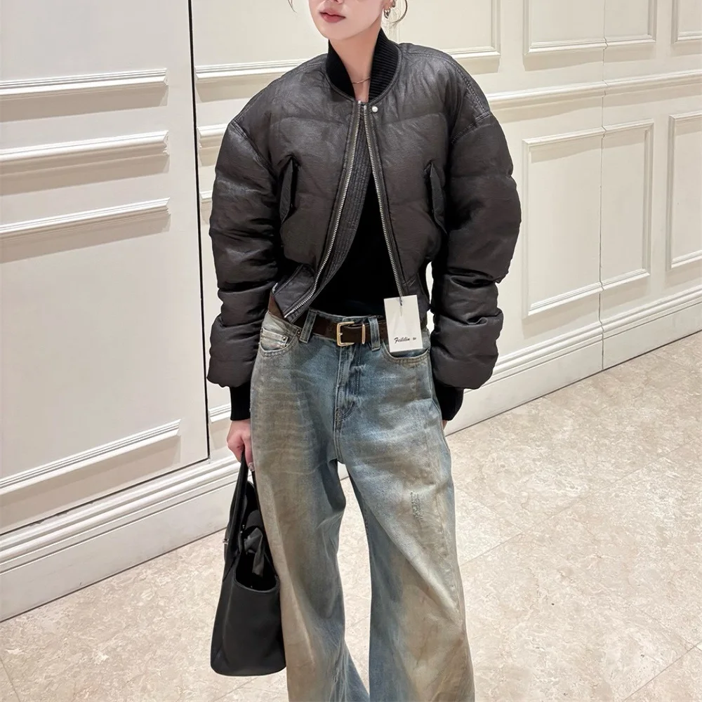 2026 Women’s Winter Down Jacket – Padded, Warm, PU Leather, Baseball-Style, Y2K-Inspired, Versatile Fashion Outerwear bra