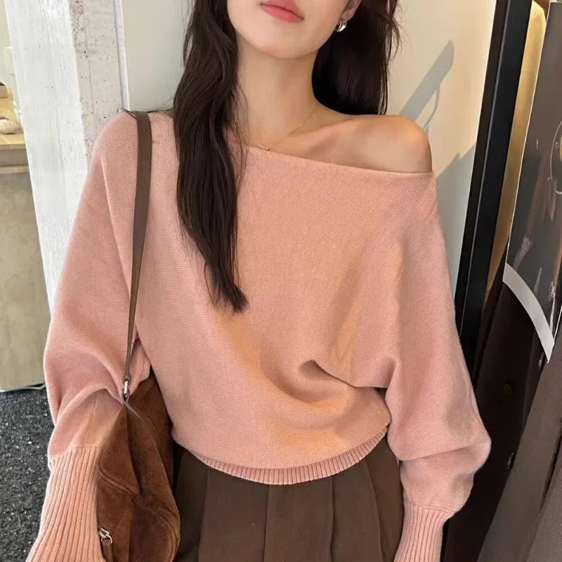 

Women Slash Neck Off Shoulder Knitted Top Solid Loose Fit Casual Pullover Lantern Sleeves Elegant Office Lady Knitting Sweater