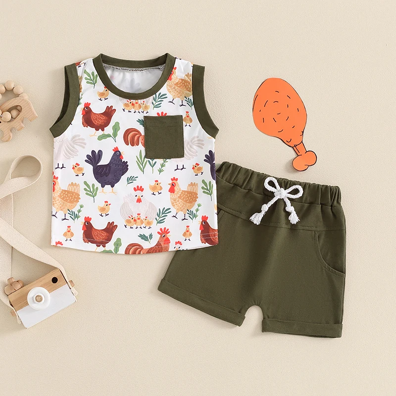 Boy 2PCS Shorts Sets Solid Color/Rooster Hen Chicken Print Tank Tops and Rooster Hen Chicken Print/Solid Color Shorts Sets