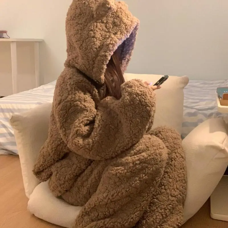 

Одежда для сна, домашняя одежда, пижамный комплект для девочек, домашняя одежда с капюшоном, утолщенная фланель, коралловый флис, милая верхняя одежда, женский костюм, осень-зима