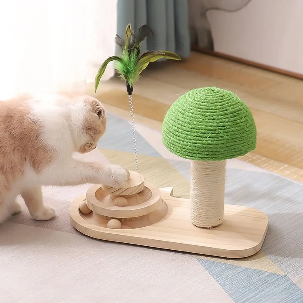 

Funny Cat Scratching Post Sisal Ball Durable Wear-resistant Solid Wood Turntable Toy with Feathers Cat Stick Toy