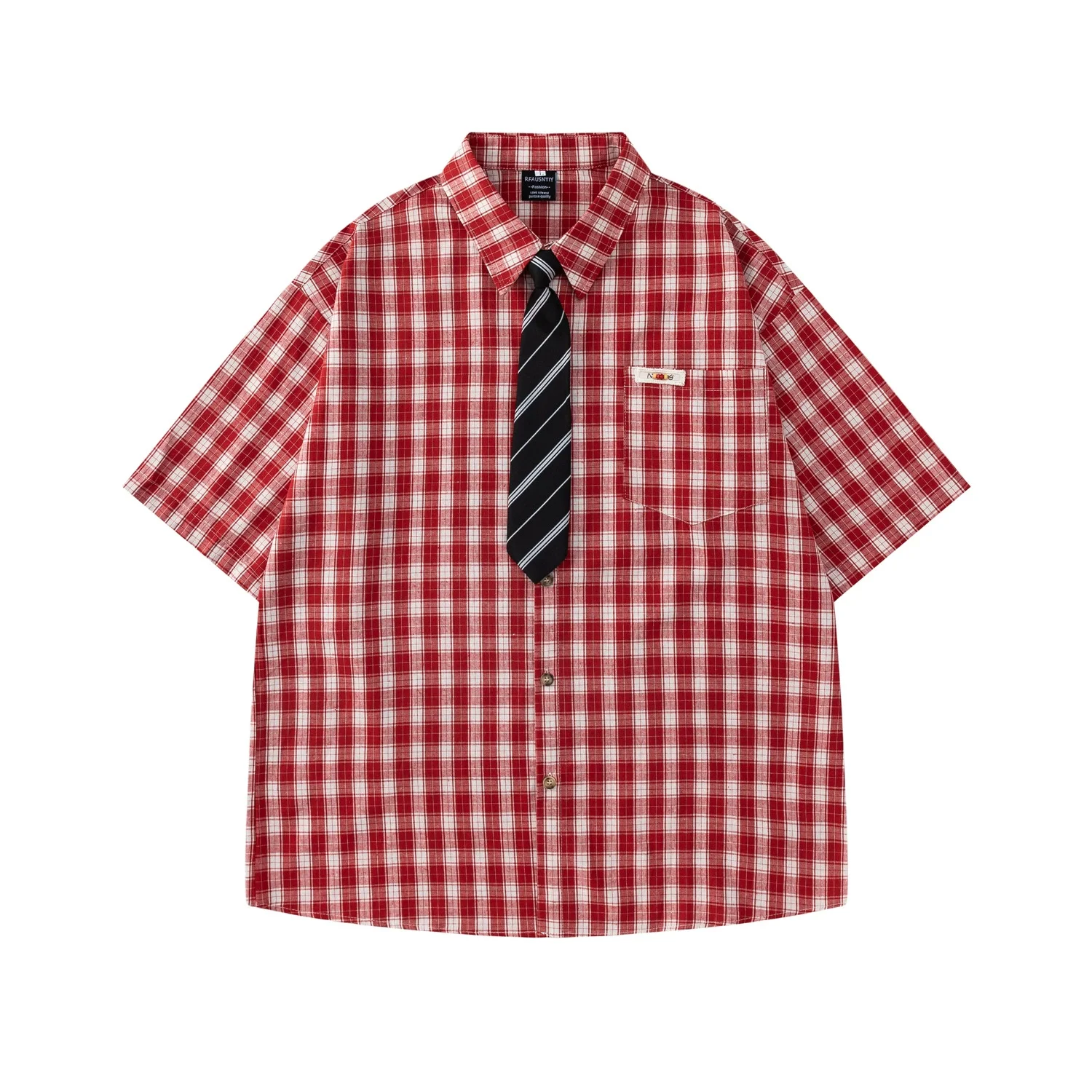 College Checkered Shirts Mens Summer Retro Casual Loose Single Breasted Lapel Half-Sleeve Curved Hem Shirts Suitable For Couples