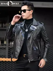 Punk Style Mens Back Printed Rivets Real Cowhide Coat Autumn Slim Fit Belted Genuine Leather Jacket Windproof Moto Biker Outwear