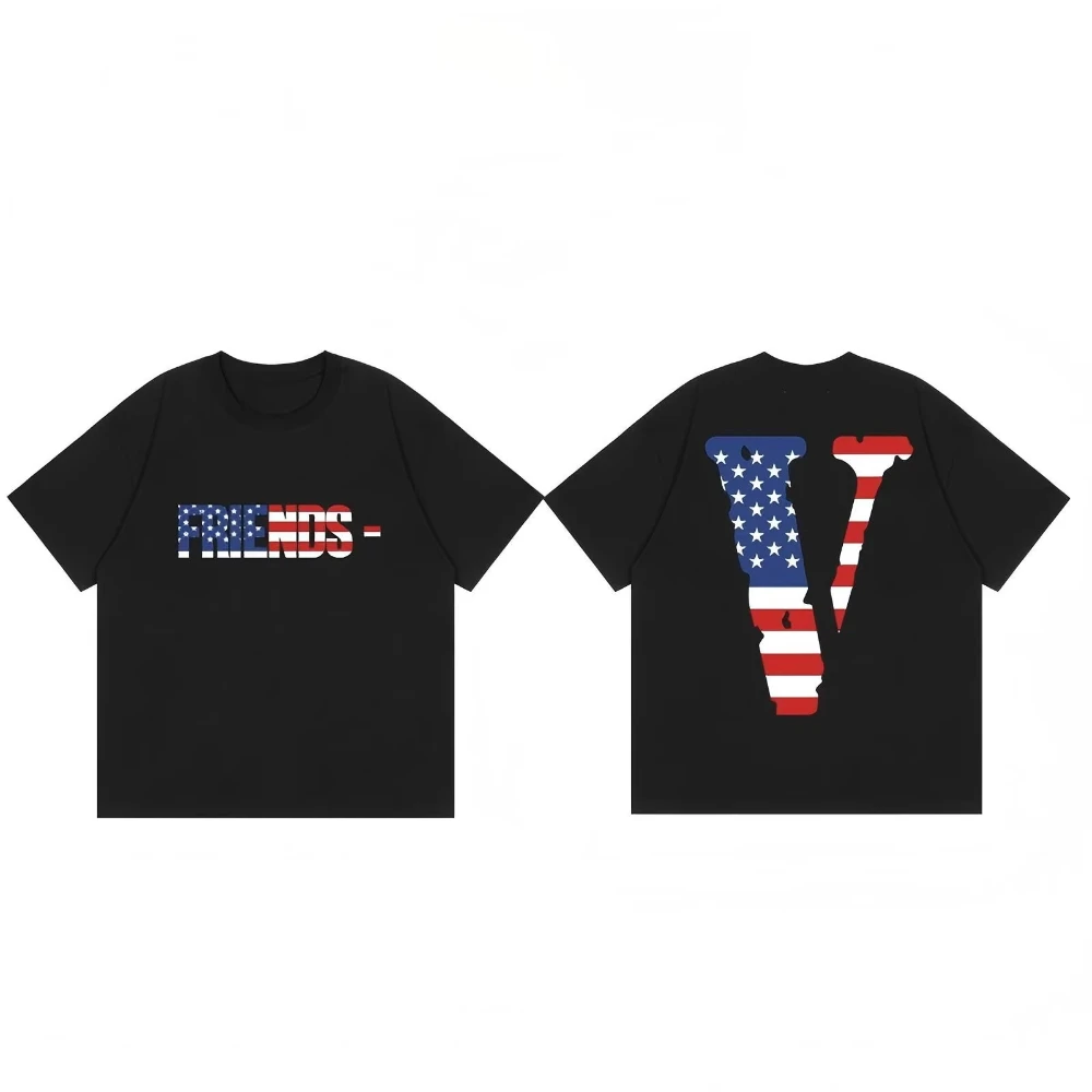 2026 Mens Womens USA Flag FRIENDS T-shirt Big V Flag Graphic Double Sided Print Crew Neck Short Sleeve Cotton Top