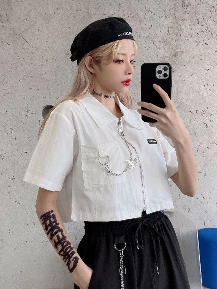 Jmprs Gothic Chain Y2K Cargo Shirt Women Harajuku Streetwear Cropped Blouse Vintage Design Korean Short Sleeve Bf Pocket Tops