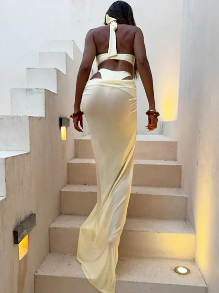 Summer Skirt Two Piece Set Women Fashion Hollow Out Halter Bodysuit And Maxi Skirt Female Elegant Beach Two Piece Set