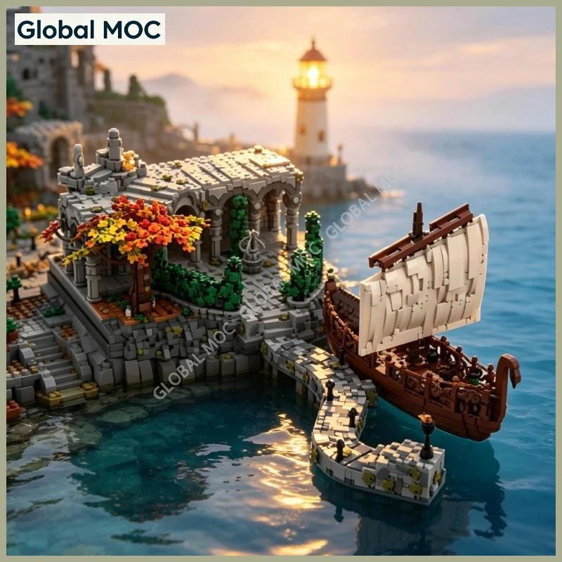 Simulated Magical Elf Seaport MOC Building Blocks Ancient Forest Coastal Dock Village Puzzle Bricks Toy For Fans