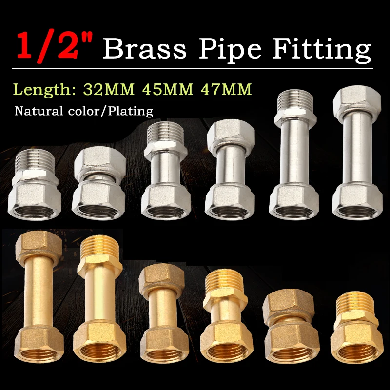 

1/2" BSP Length: 32/45/47MM Brass Pipe Fitting Male/Female Thread Straight Type Copper Pipe Fittings Water Oil Gas Adapter