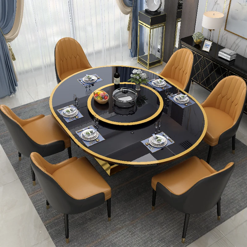 Light luxury dining table with turntable, retractable household induction cooker, small dining table and chairs