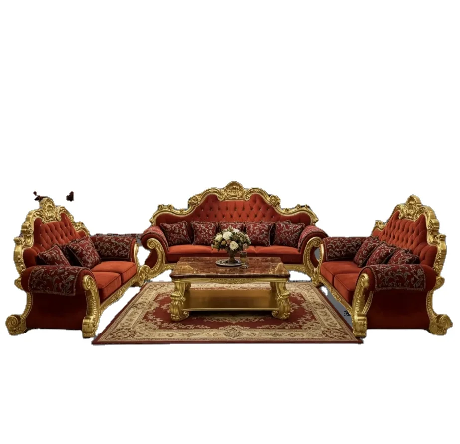 #Luxury Rococo Style Solid Wood Carving Living Room 1+2+3 Sofa Set Sponge Filled Gold Leaf Soft Red Fabric Removable Washable