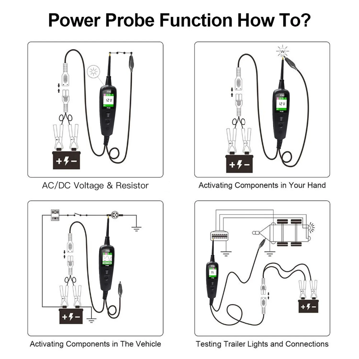 Automotive Electrical Circuit Tester Car Diagnostic Tool JDiag P100 12V 24V DC Car Voltage Detector Power Probe Kit Auto Repair