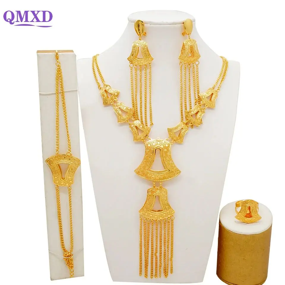 

Luxury Gold Color Jewelry Sets Dubai Bridal Long Necklace Earrings Romantic Sets Big Pendant African Arab Wedding Gifts