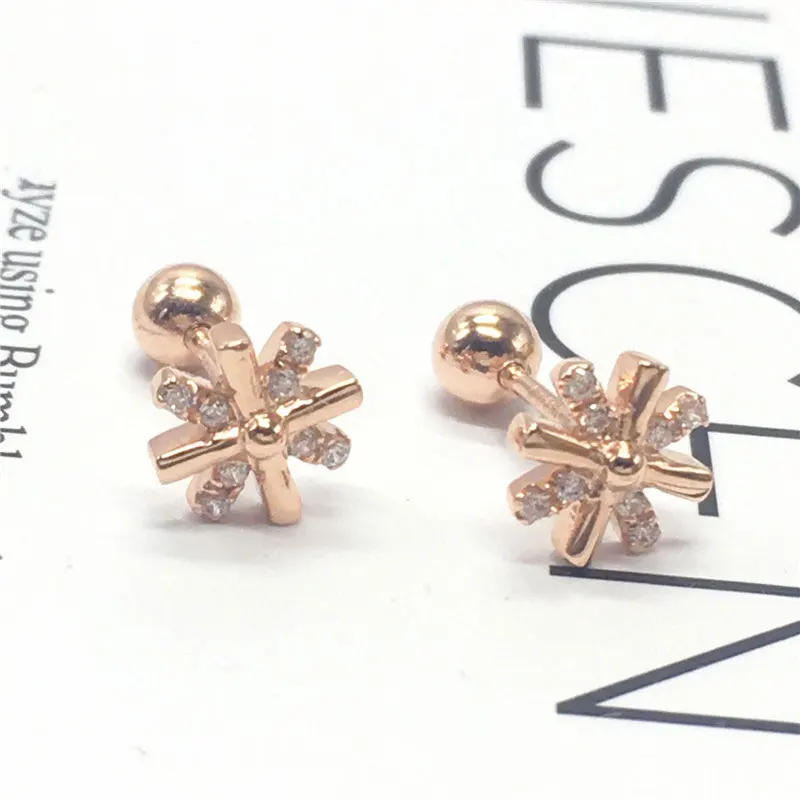 

New 585 purple gold plated 14K rose gold inlaid crystal rice word screw ear studs fashion and elegant earrings for women