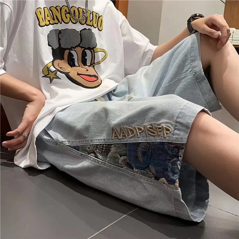 Male Denim Shorts Graphic Embroidery Multi Color Hip Hop Men\'s Short Jeans Pants Cut Trend 2024 Buttons Retro Jorts Sale Xl Blue