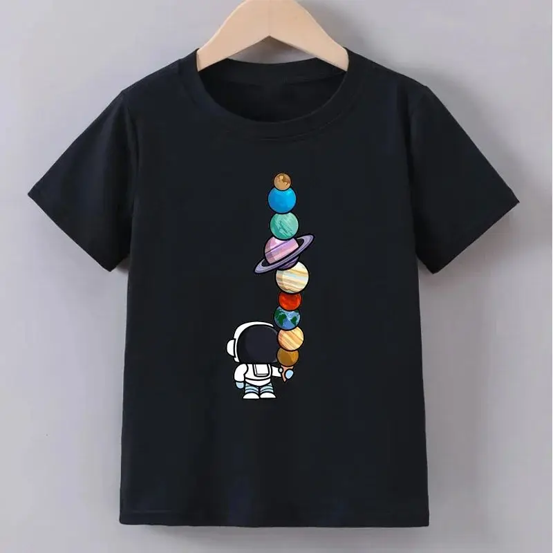 Fun Astronaut Planet Ice Cream T-shirt Children's Casual Short Sleeved Space Themed Cotton T-shirt