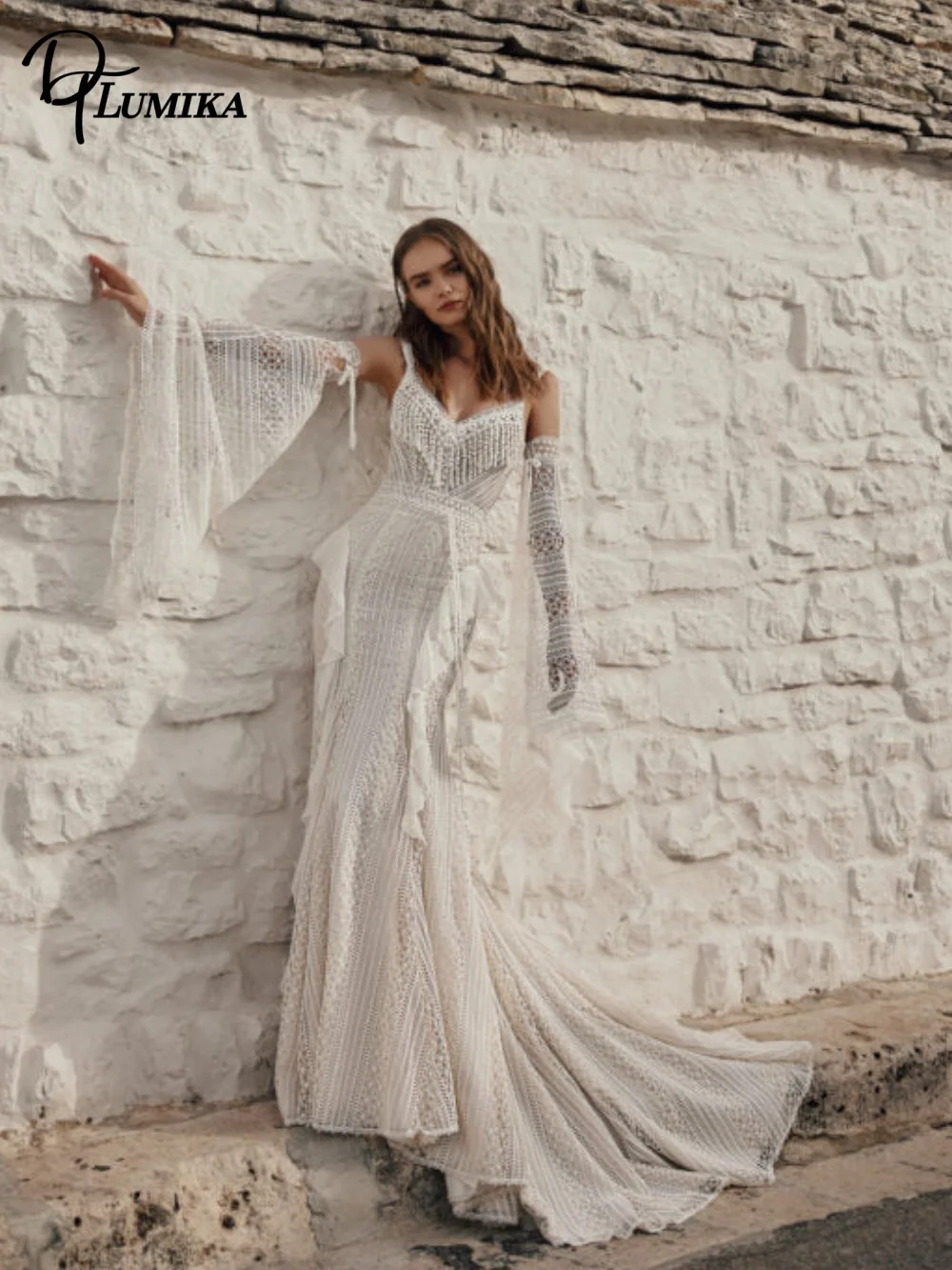 DTLumika Boho Mermaid Wedding Dress Crochet Lace Bell Sleeves Tassel Belt Corset Bridal Gown 2027 Customized Vestidos De Novia