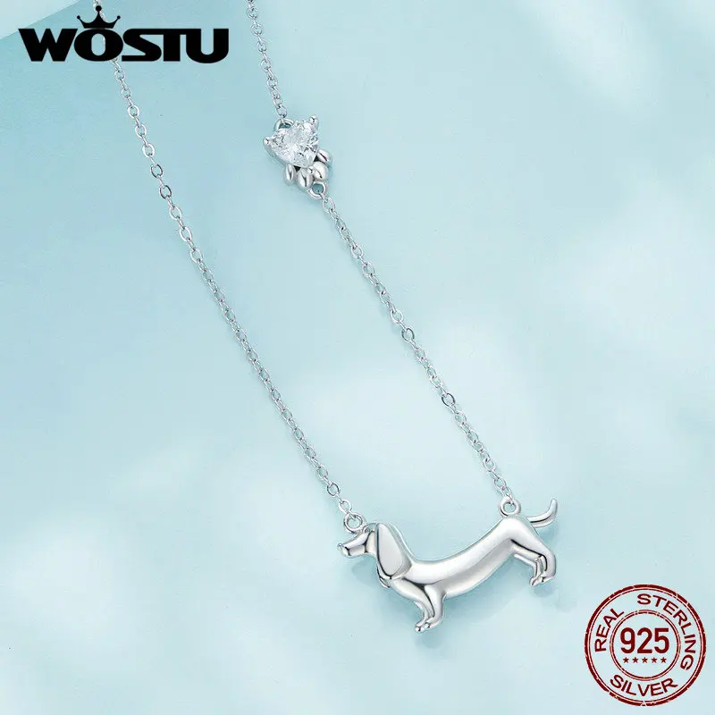 WOSTU Solid 925 Sterling Silver Cute Dachshund Dog Pendant Necklace S925 Animal Pet Paw Zircon Links Necklace Girl Birthday Gift