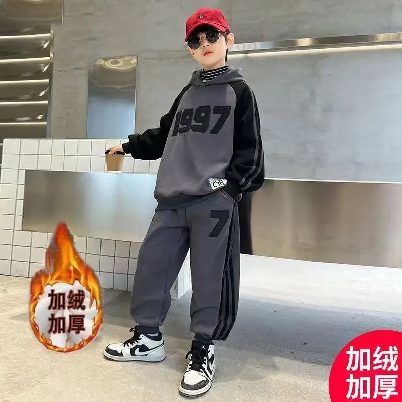 Boys Clothes Set Winter Spring Cotton Velvet Sweatshirt Hooded + Pants Tracksuits Kids Suit Children 4 8 9 10 11 12 14 Year