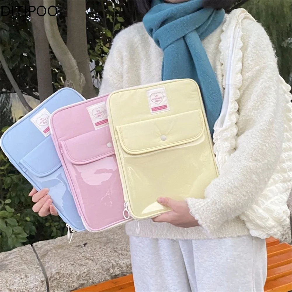 Portable Buckle Design Computer Storage Bag Multi-Pocket 13/14inch Tablet Carring Case Solid Color Nylon Clutch Bag Office