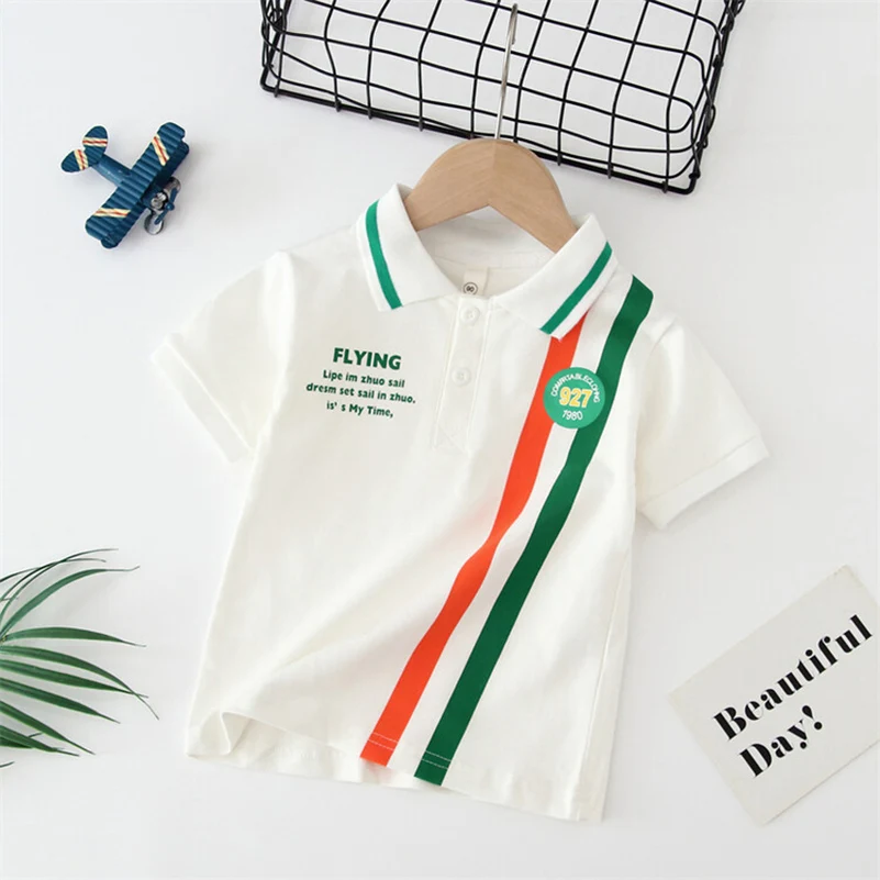 Summer Boys 2024 Korean Fashion Casual Breathable Solid Color Alphabet Stripe/POLO Shirt/2-7 Years Old