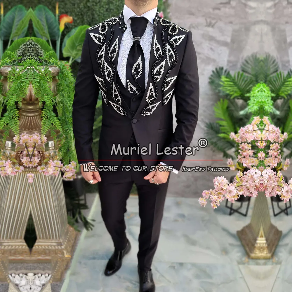 Customized Suits Men For Wedding Crystals Beaded Stone Jacket Vest Pants 3 Pieces Groom Reception Business Banuqet Prom Tuxedo