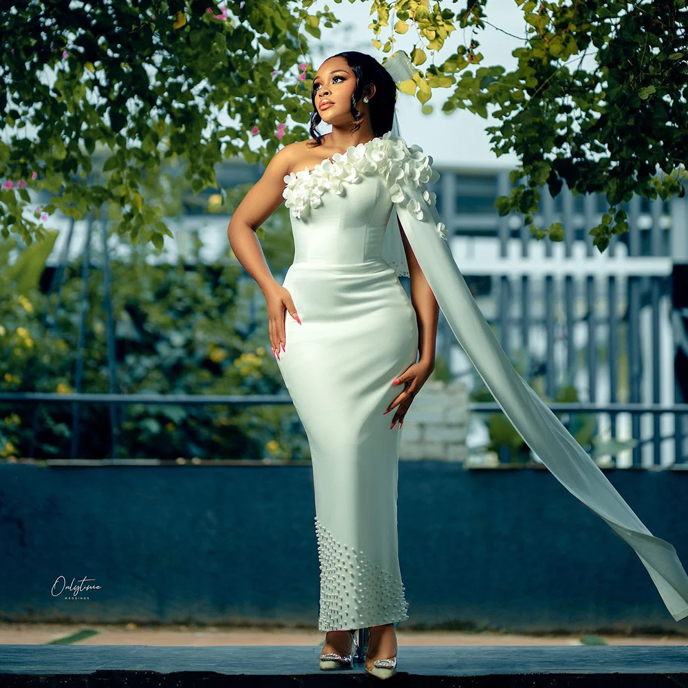 

Civil Wedding Dresses for Bride One Shoulder Ankle Length Straight 3D Floral Pearls Beading Nigeria Bridal Gowns Customized