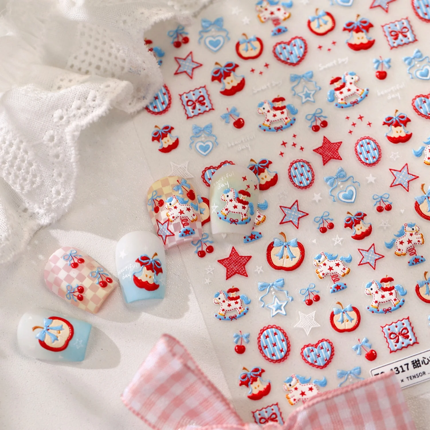 Sweet Cartoon 5D Nail Art Stickers Carousel Apple Plaid Heart Star Cherry Bowknot Self-Adhesive Nail Manicure Decor Accessories