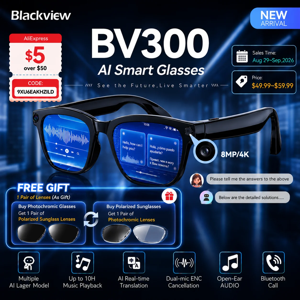 Image of Blackview BV300 4K AI-Brille, Farbwechselnde Intelligente Übersetzungsbrille, Foto- und Videoaufnahme, Wasserdichte Anruf-Smart-Sonnenbrille
