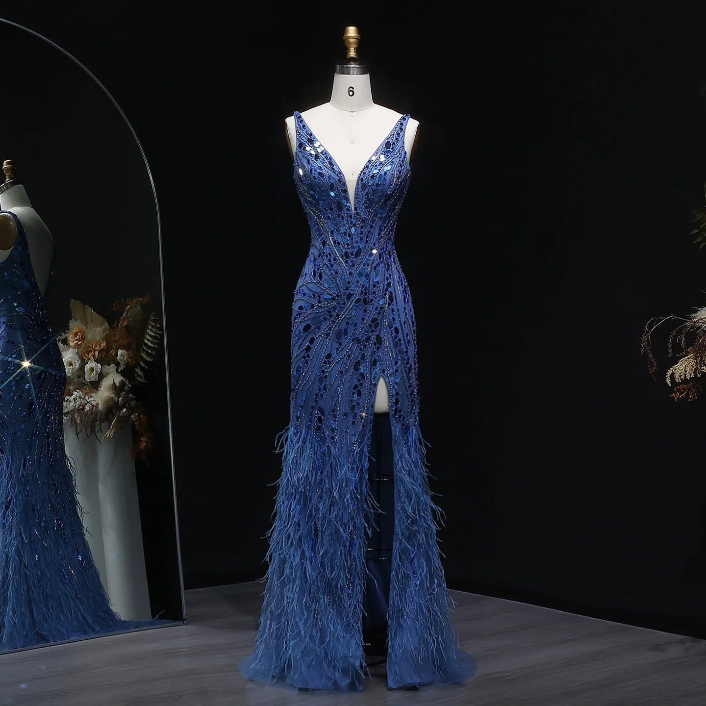 

Sharon Said темно-синее вечернее платье русалки с перьями и боковым разрезом, расшитое бисером, женское платье для свадебной вечеринки, выпускного вечера, 2025 SS066 по индивидуальному заказу