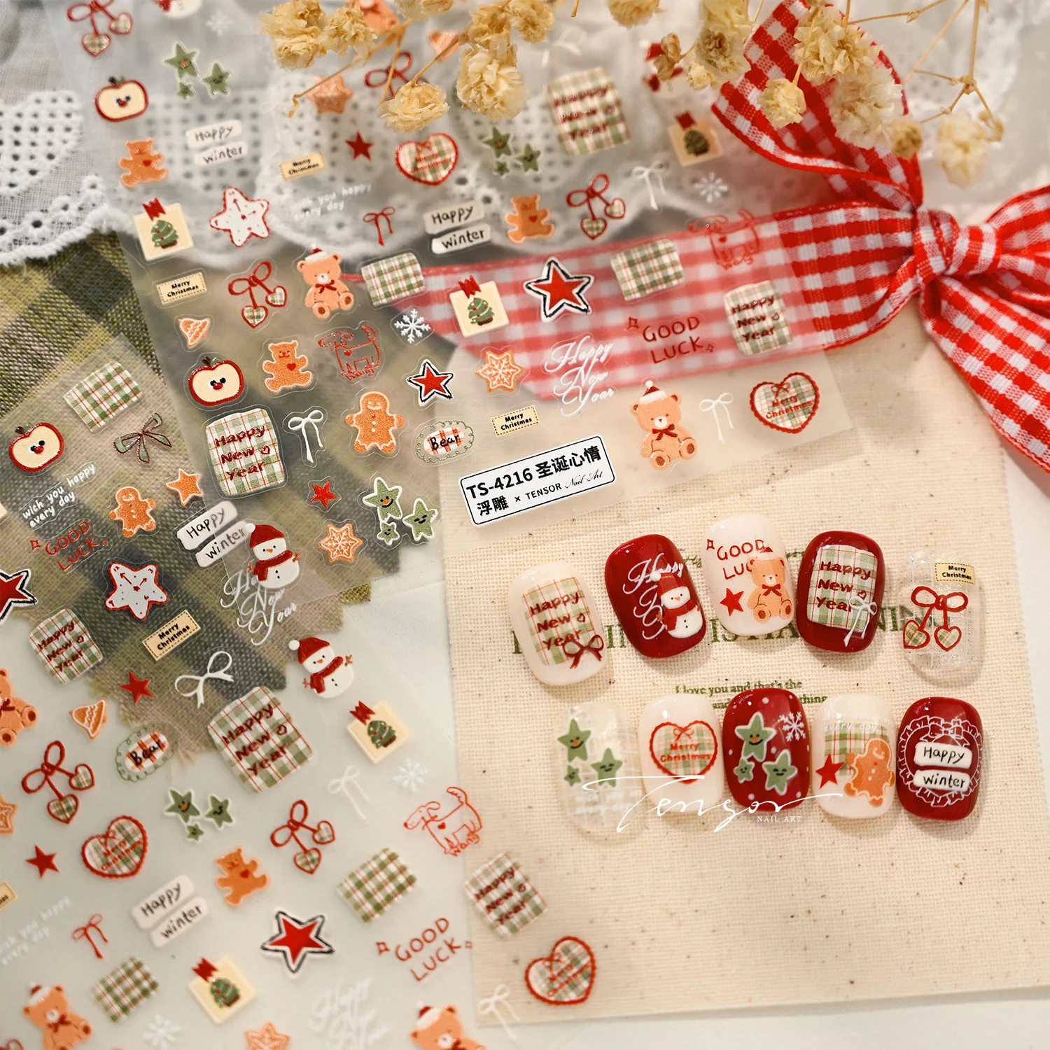 عيد الميلاد الدب Bowknot ثلج الحب القلب شريط النسيج ندفة الثلج الأحمر الأخضر ستار الكلب الزنجبيل مسمار الفن ملصق مانيكير مائي #2