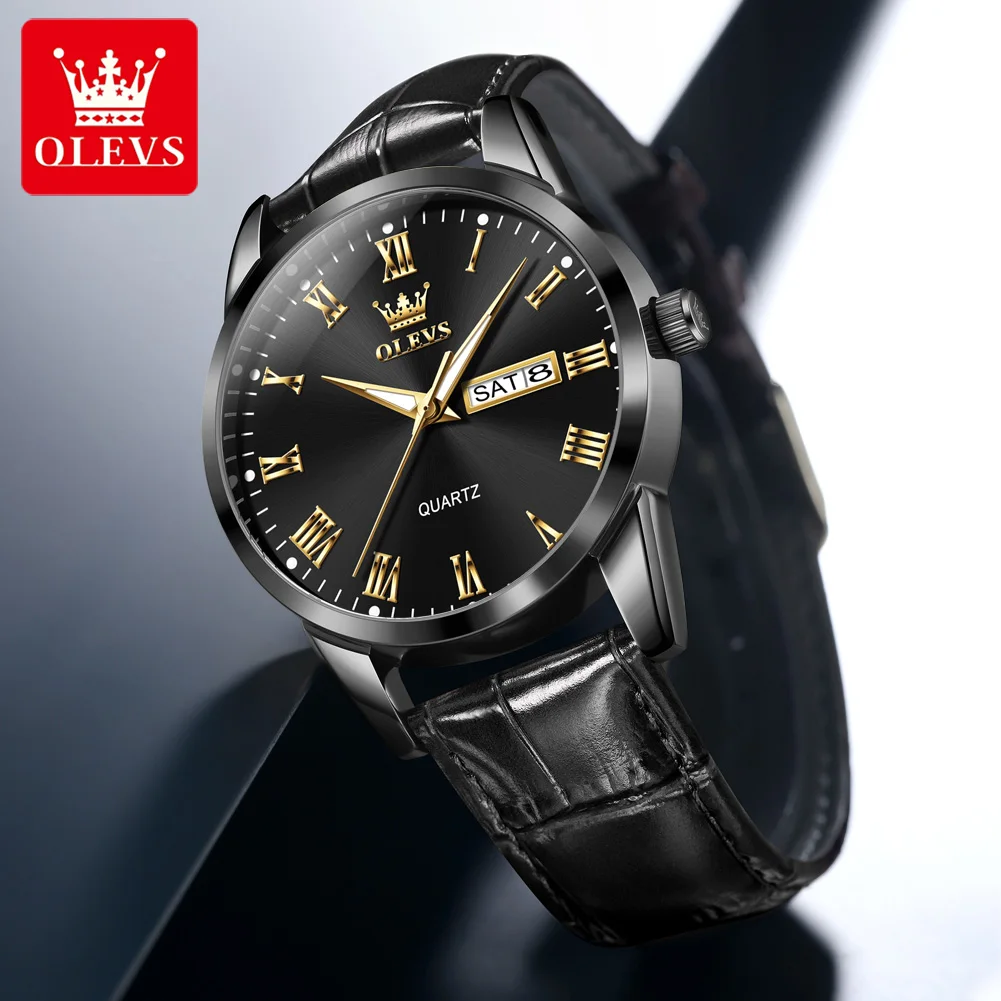 OLEVS 5892 Men Women Quartz Movement Watch Night Light Function Leather Strap 30m Waterproof Calendar Window Display Watch