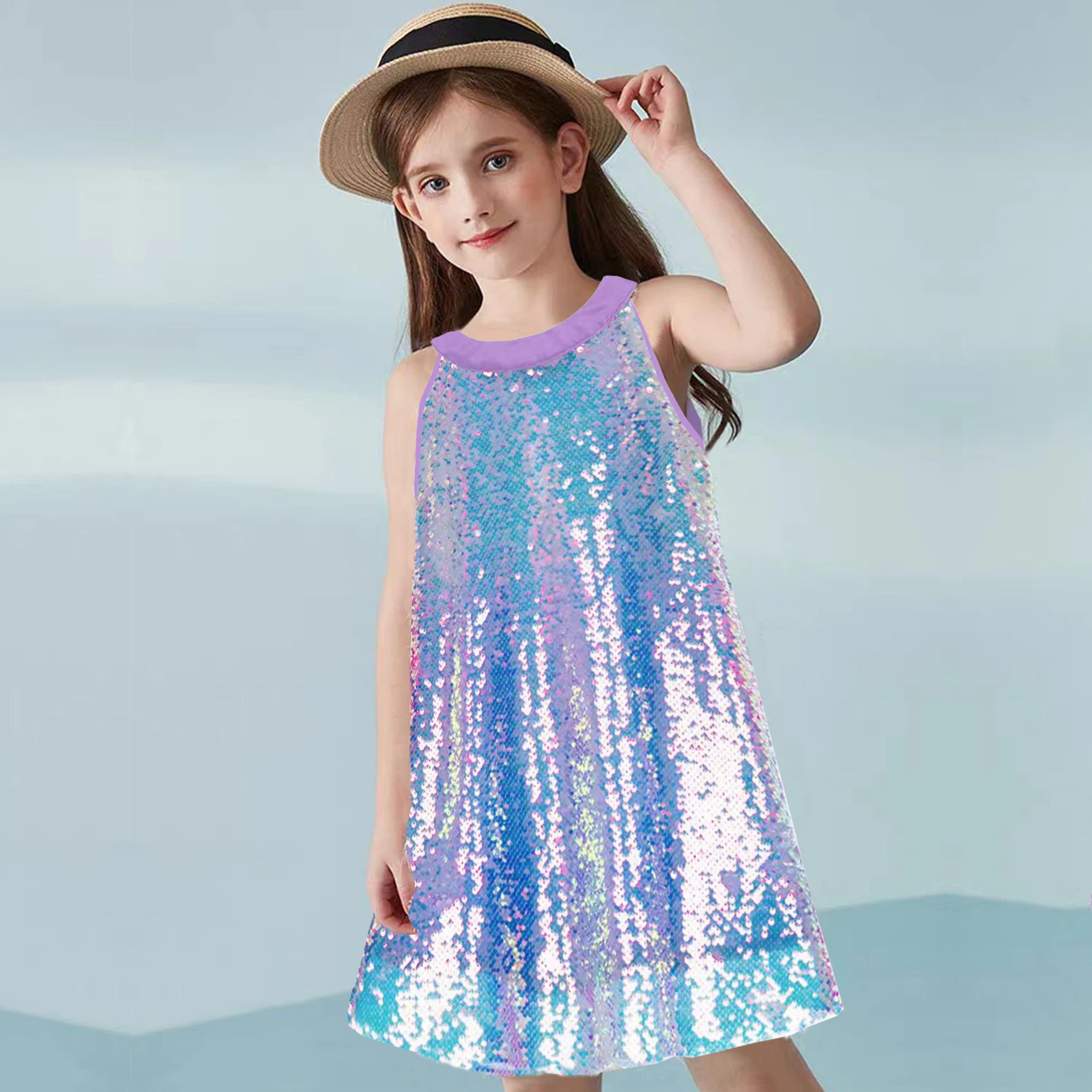 Summer Girls' New Colorful Bead Patchwork Girls' Dress Beach Party Birthday Party School Runway Fashion Princess Dress