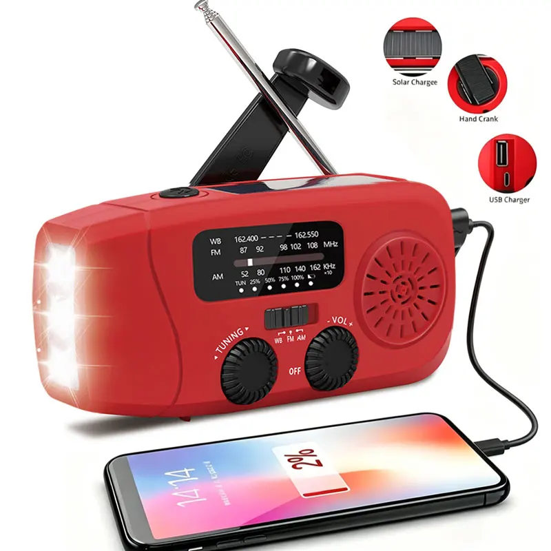 Rádio Solar de Sobrevivência com Manivela, Carregamento TIPO-C, FM AM, Recarregável 2000mAh, Rádio Portátil Pequeno, Lanterna LED de Emergência SOS