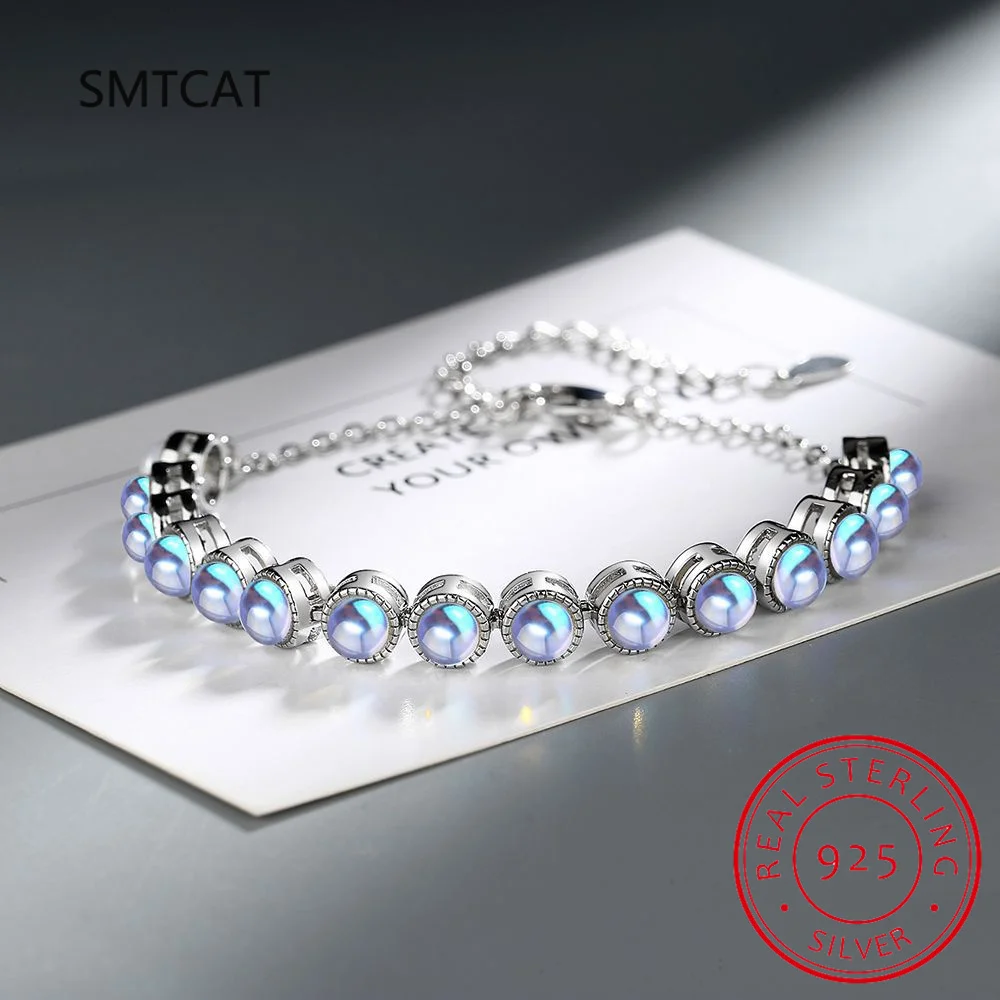 Created Round Blue Opal Stone Bracelets 925 Sterling Silver Chain Bracelets for Women Cubic Zirconia Fine Jewelry