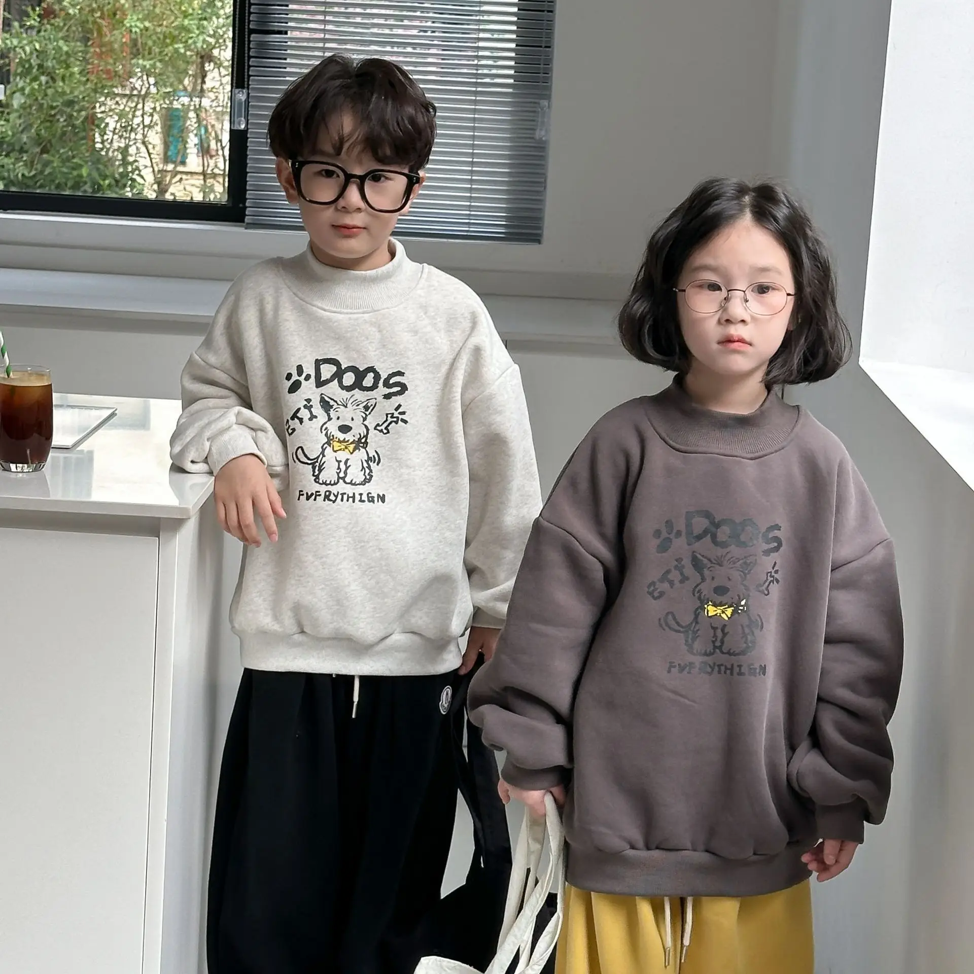 Ins Autumn Winter Children Girl Sweatshirt Cotton Plus Velvet Dog Letter Baby Girl Pullover Loose Round Collar Warm Kid Girl Top