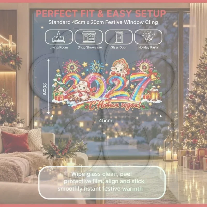 Russian New Year 2027 Glass Stickers Rainbow Sheep Firework Removable No Residue Decals for Bedroom Window Decor